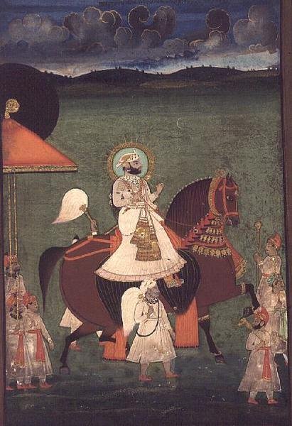 AS10 Album 43 nr.4514 Kat.nr. 514 iii Rana Sarup Singh (1842-61) fra Mewar rir på en kastanjehingst, hans holdere til fots bærer parasoller og kongelig utstyr, Udaipur, ca. 1855 av Indian School