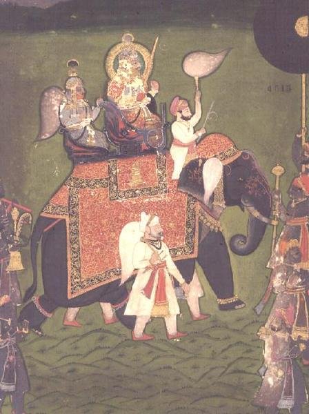 AS10 Album 43 nr. 4515 Rana Jawan Singh (1828-38) av Mewar rir på en elefant som er kaparisert, ca. 1835 (ugjennomsiktig akvarell) av Indian School