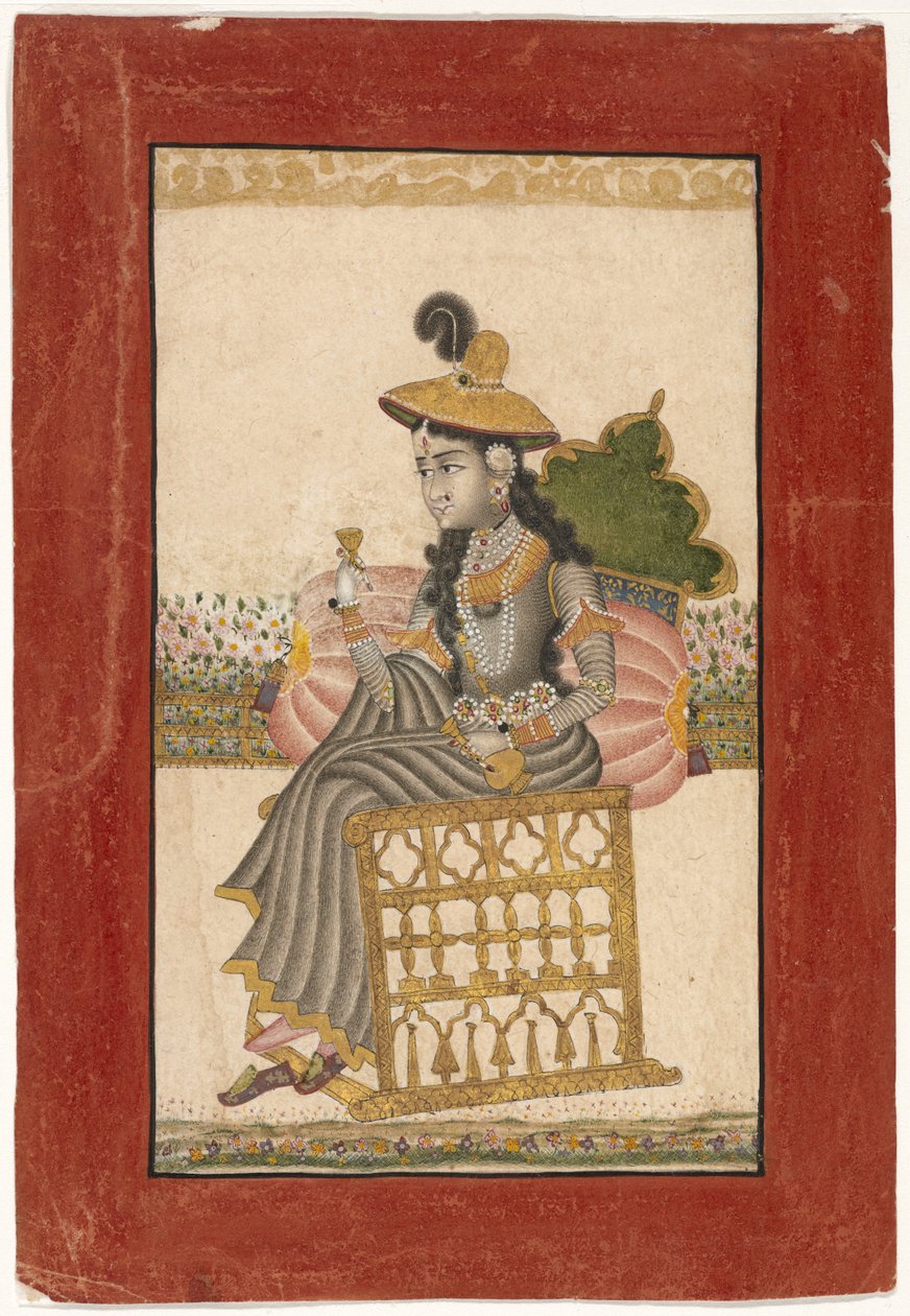 A Bejeweled Lady, Kota School, 1690-1720 (gouache med gull på papir) av Indian School