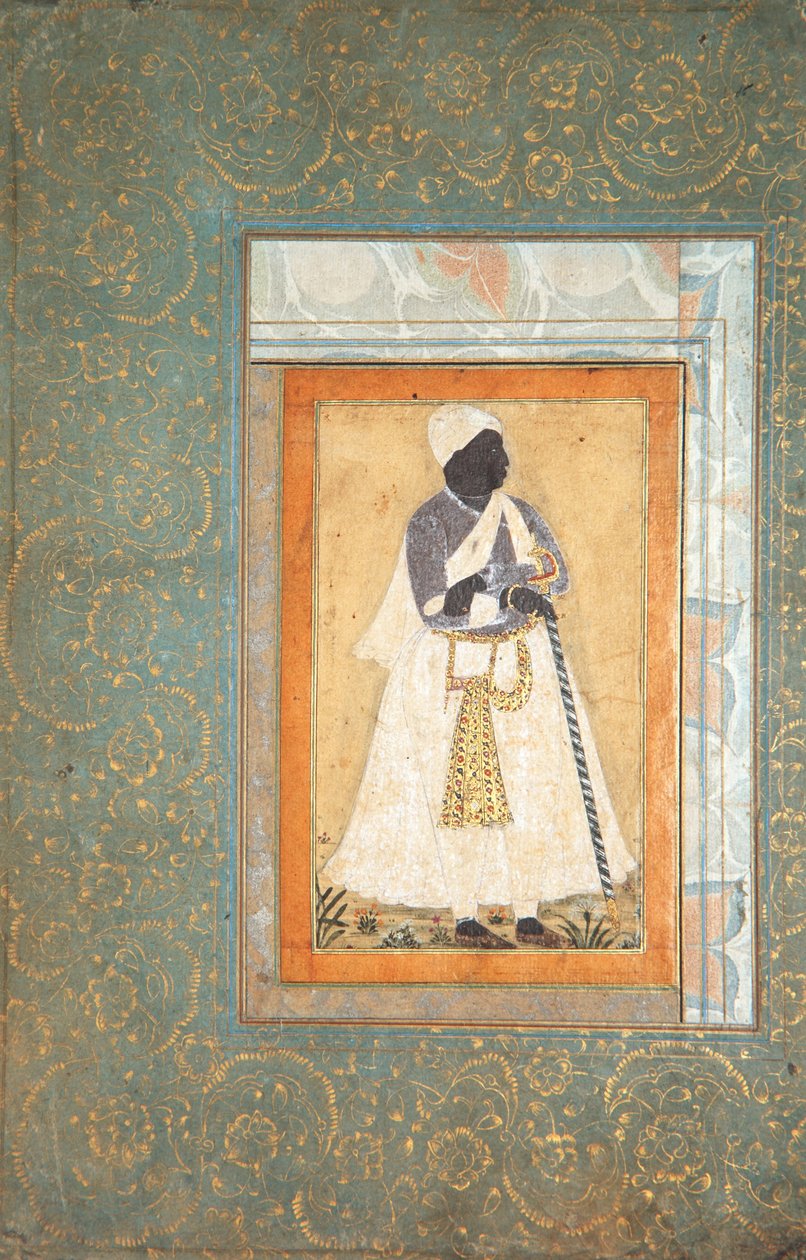 A Black Man Leans on a Long Staff, ca. 1682 (ugjennomsiktig wc og gull på papir) av Indian School