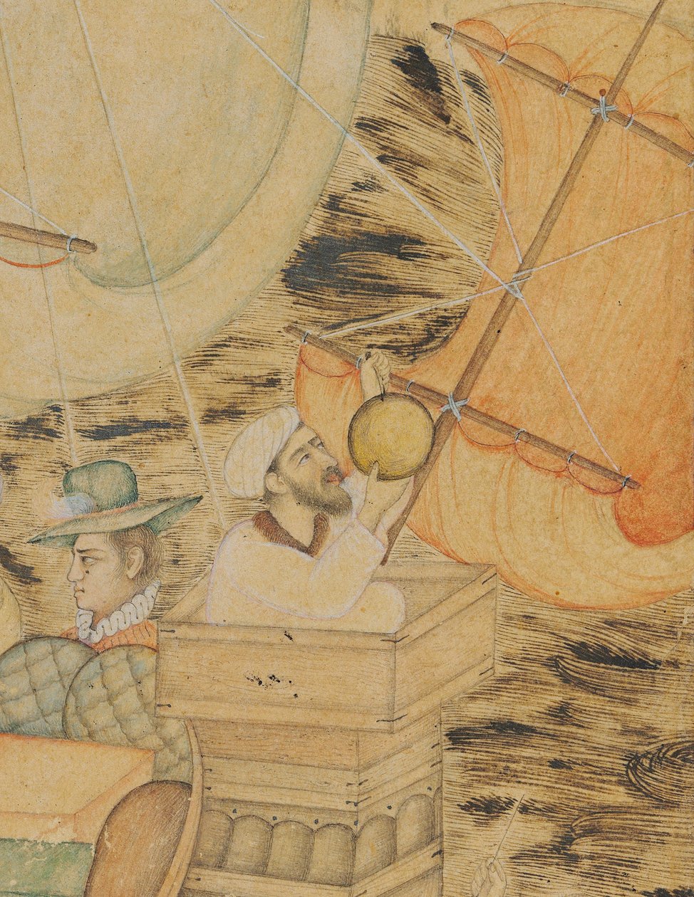 En karavel angrepet av et sjømonster, Mughal India, ca. 1590 (ugjennomsiktige pigmenter forsterket med gull og sølv på papir) av Indian School
