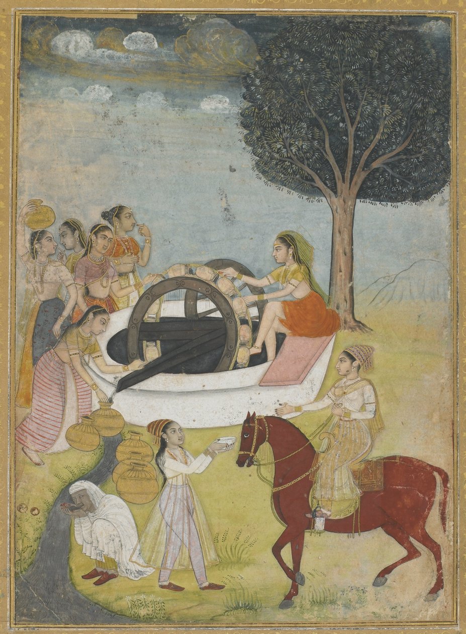 En gruppe kvinner ved en brønn (ugjennomsiktig wc og gull på papir) av Indian School
