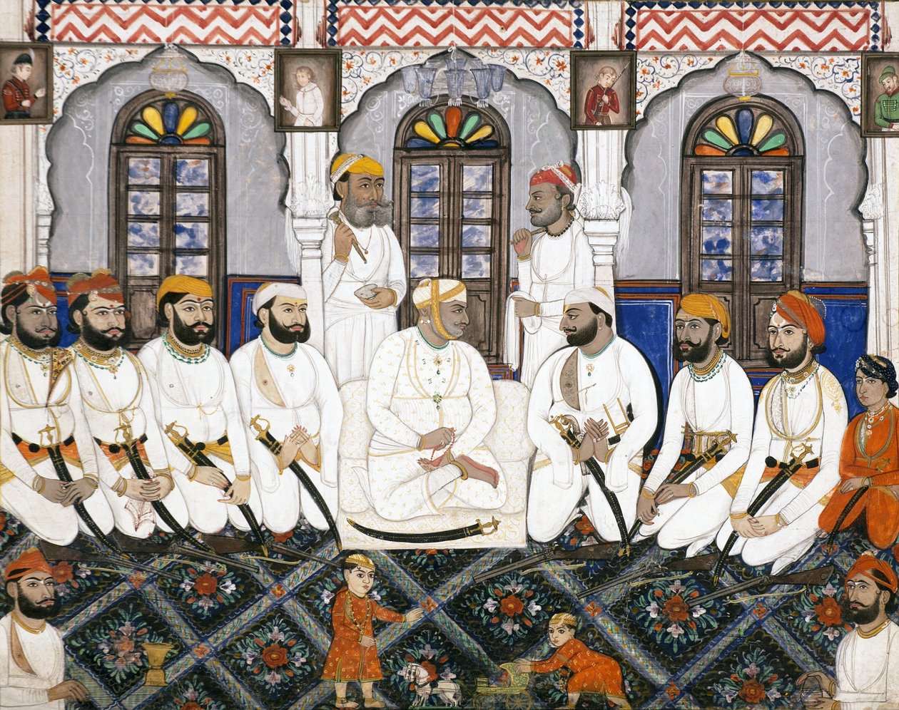 En Jaipur raja kledd for tilbedelse i durbar, ca. 1845 (ugjennomsiktig wc og gull på papir) av Indian School