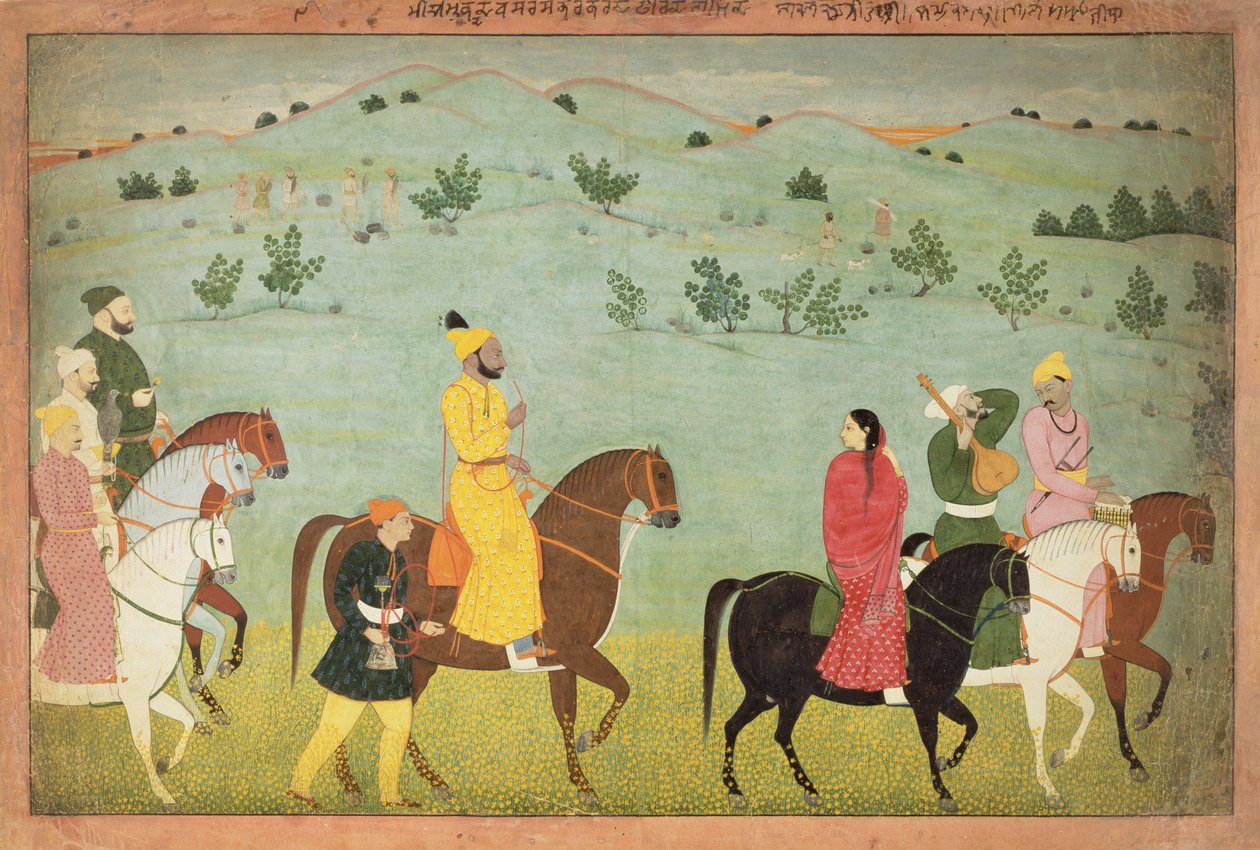 En Jasrota-prins, muligens Balwant Singh, på rideekspedisjon, av Nainsukh (fl. 1740-50) Kashmir, ca. 1751 av Indian School