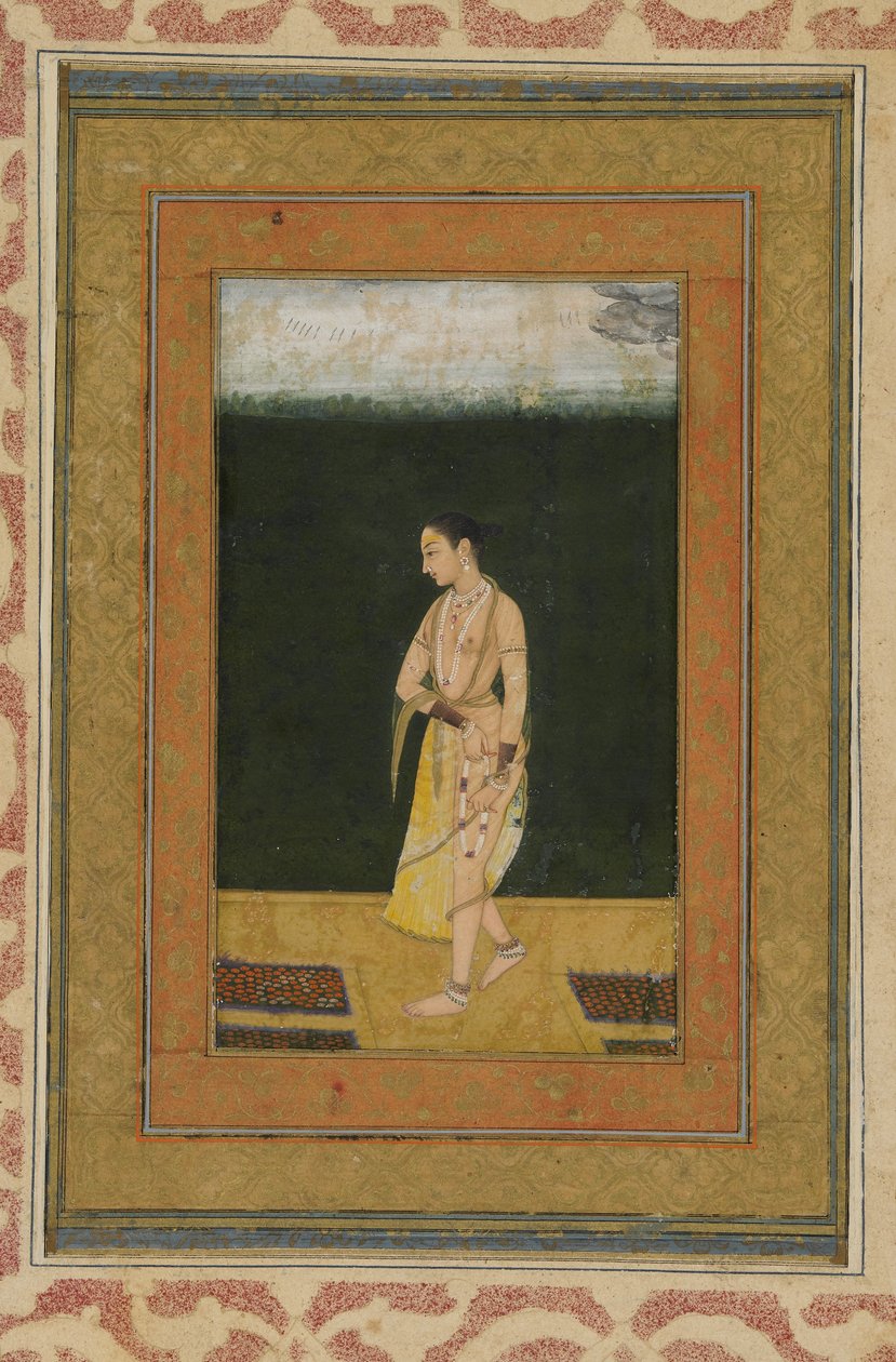 En dame går i en hage, Albumfolio med maleri, ca. 1730 av Indian School