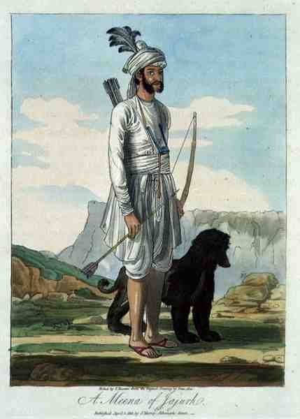 A Meena of Jajurh, etset av T. Baxter etter en tegning av Deen Alee, pub. av J.Murray av Indian School