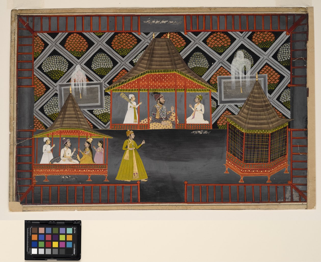 En Nawab og sønnene hans i en hagepaviljong, ca. 1770 (ugjennomsiktig m/c, sølv og gull på papir) av Indian School