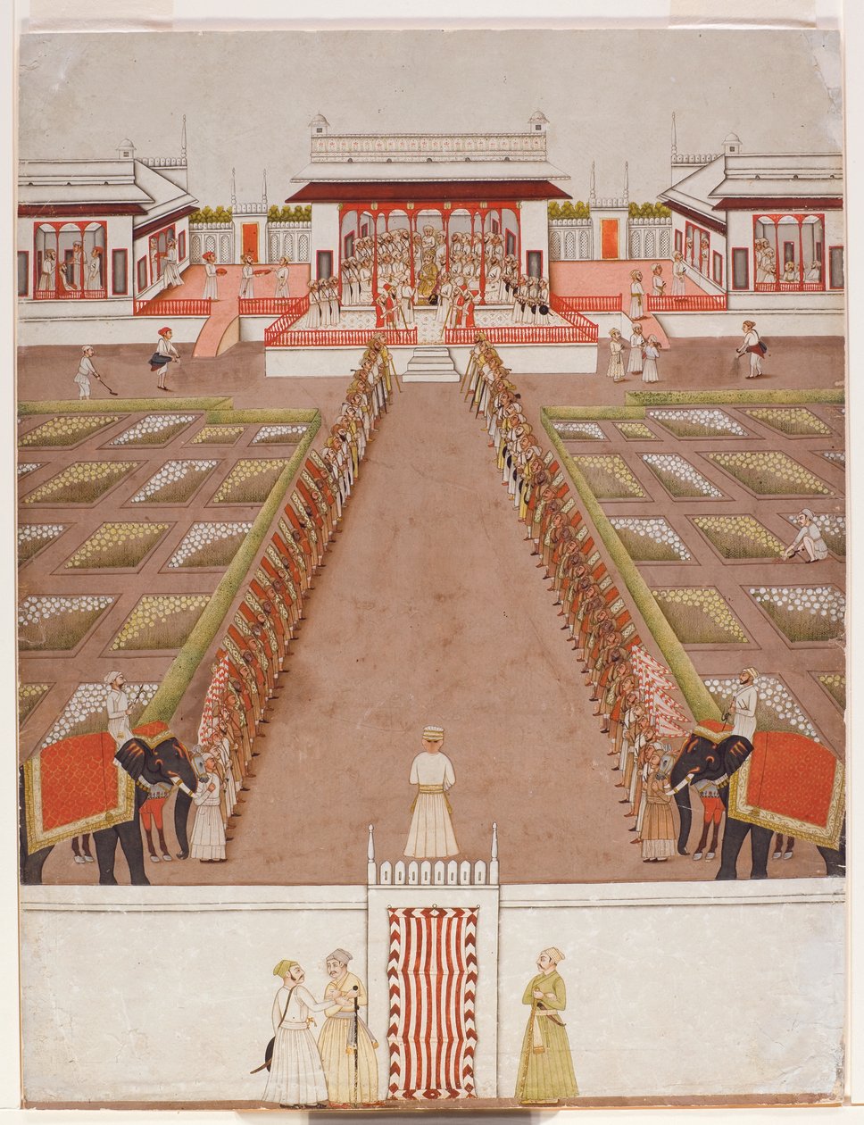 En Nawab-holdeplass i en paviljong, bortenfor en aveny med holdere og to elefanter, ca. 1765 (ugjennomsiktig wc og gull på papir) av Indian School