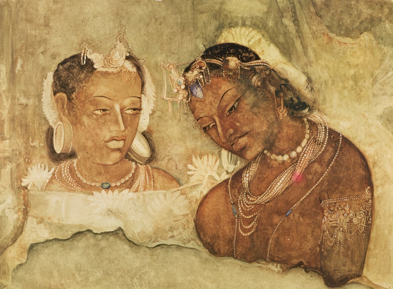 En prinsesse og hennes tjener, kopi av en freske fra Ajanta-hulene, India av Indian School