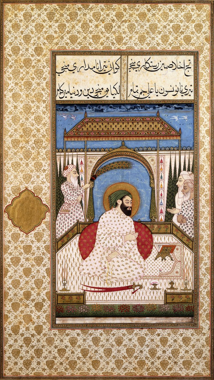 En sufi-hersker Nimbate som leser en Koran på en terrasse, ca. 1700 av Indian School