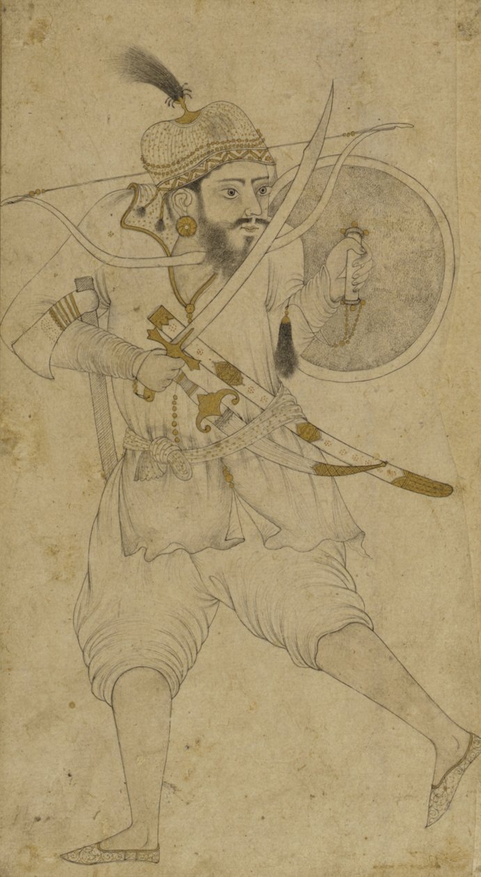 En tatarisk soldat, Ahmadnagar, Deccan-platået (blekk og en liten fargetone på papir) av Indian School