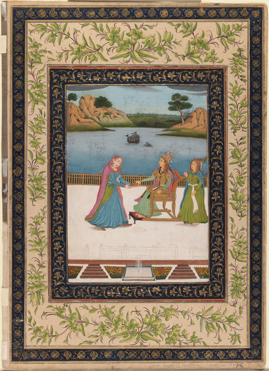 A Woman is Servered Fruit on a Terrace, ca. 1770 (ugjennomsiktig wc, gull og sølv på papir) av Indian School