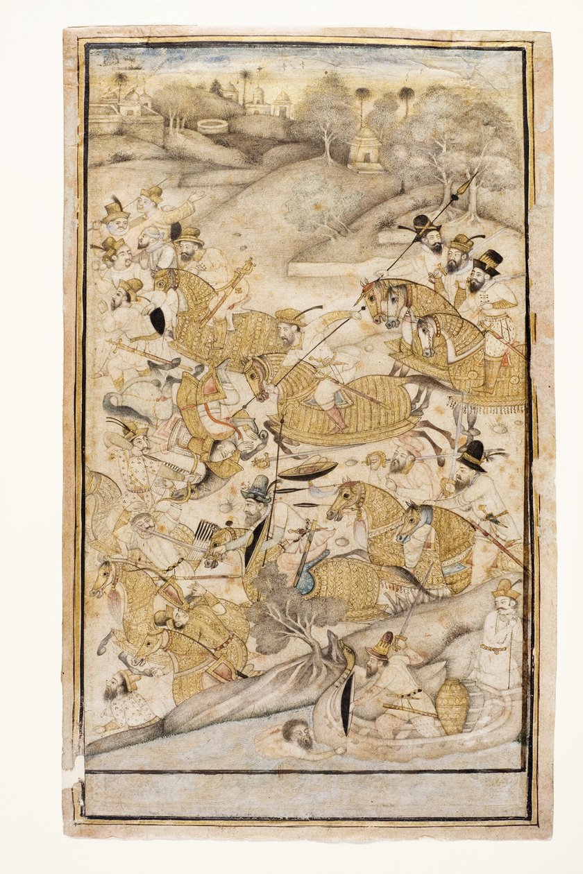 Et slag utkjempet av europeere, ca. 1700 (ugjennomsiktig wc og gull på papir) av Indian School