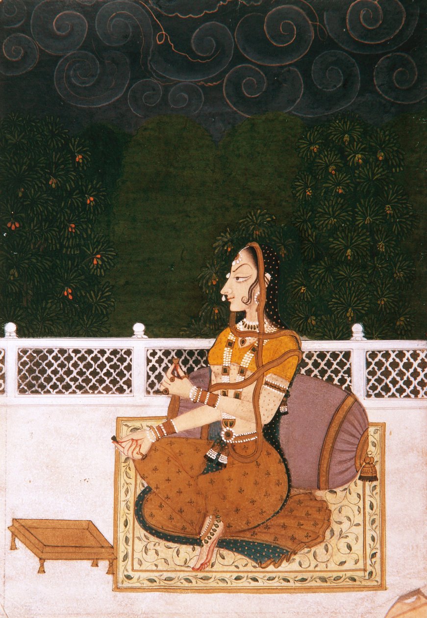 En vakker kvinne sittende mot et bolster, ca. 1775 (ugjennomsiktig wc og gull på papir) av Indian School