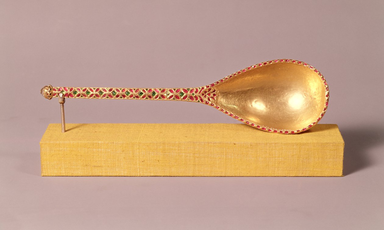 En seremoniell skje med juveler med rubiner, smaragder og en diamant, Mughal (gull og edelstener) av Indian School
