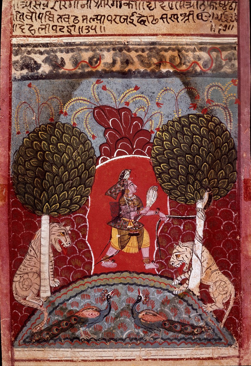 En kobraslange blir fanget i en skog befolket med dyr Miniatyr av skolen til Malwa (indisk) rundt 1680 Privat samling av Indian School