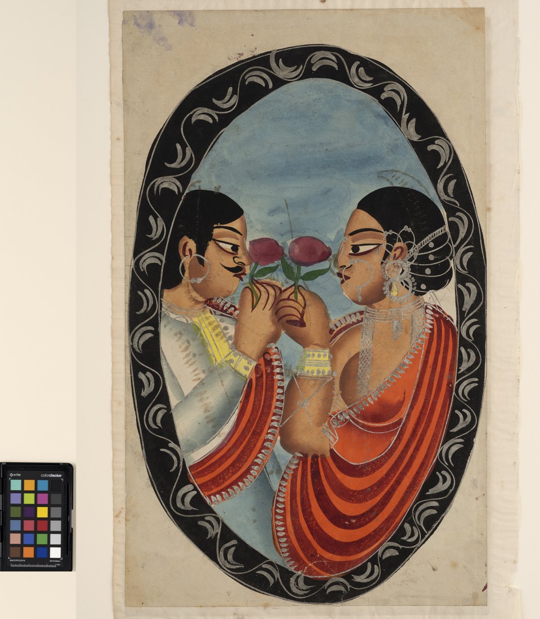 En fop besøker en kurtisane (recto), ca. 1880 (akvarell på papir) av Indian School