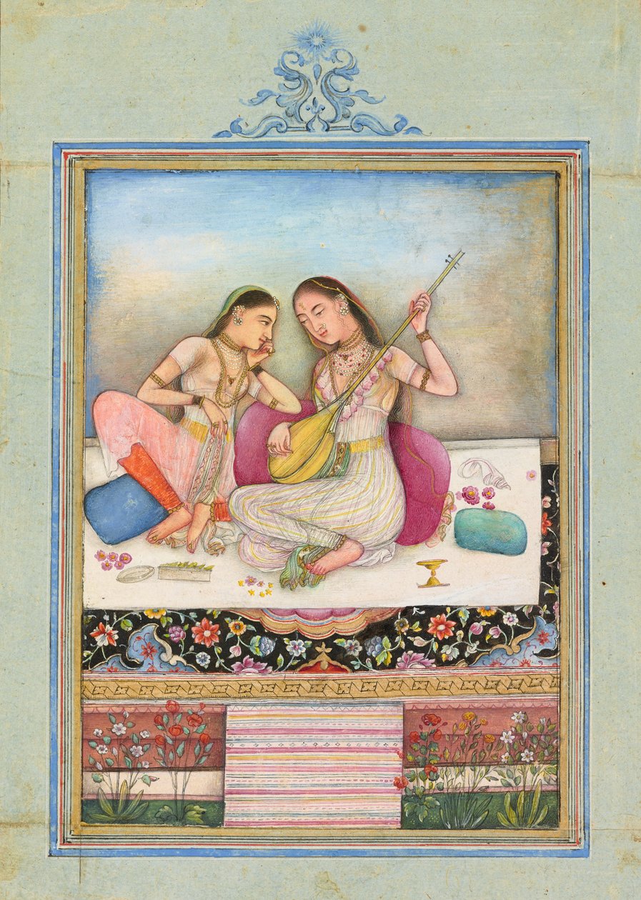 En jente som spiller tambur mens kameraten hennes lytter, ca. 1660 av Indian School