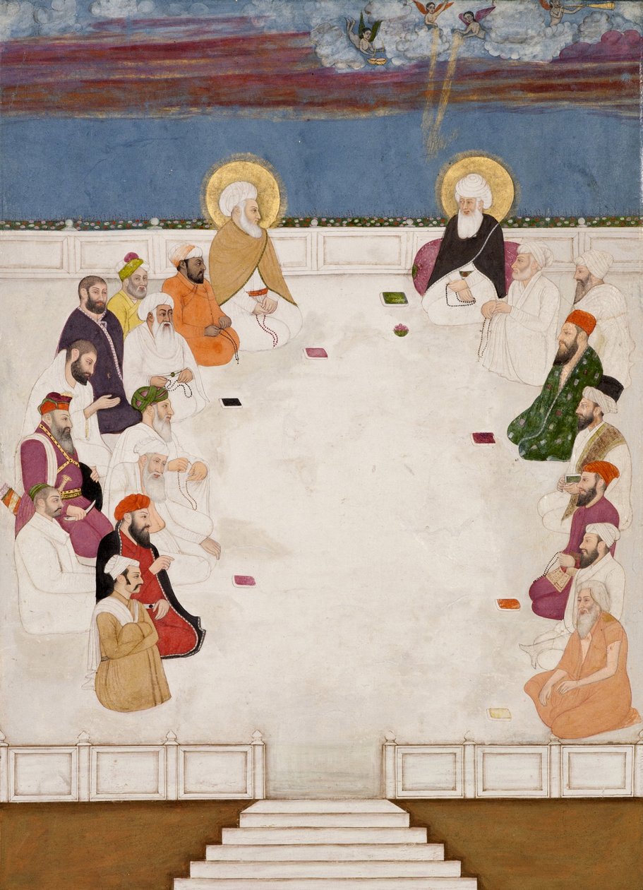 En gruppe indiske helgener og hellige menn, inkludert Mullah Shah og Aurangzeb, sittende, ca. 1725 (ugjennomsiktig wc og gull på papir) av Indian School