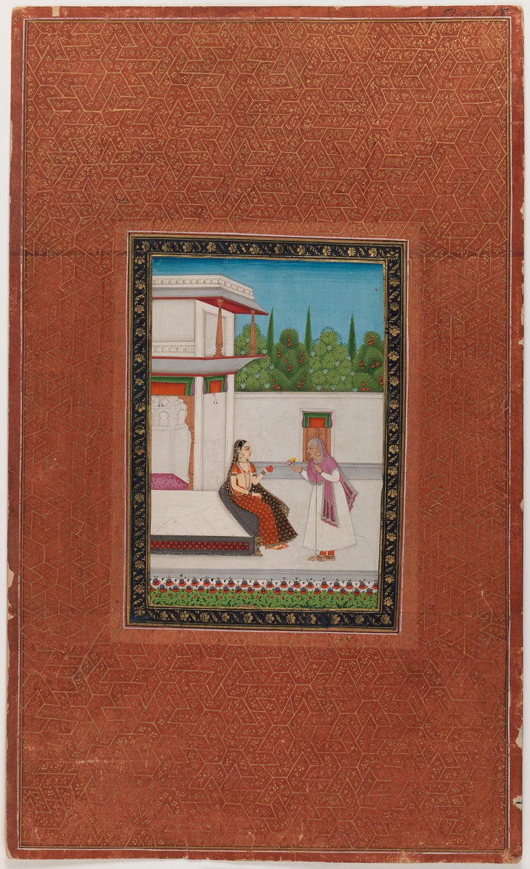 En dame og hennes eldre tjener, 1875-1900 (ugjennomsiktig wc og gull på papir) av Indian School