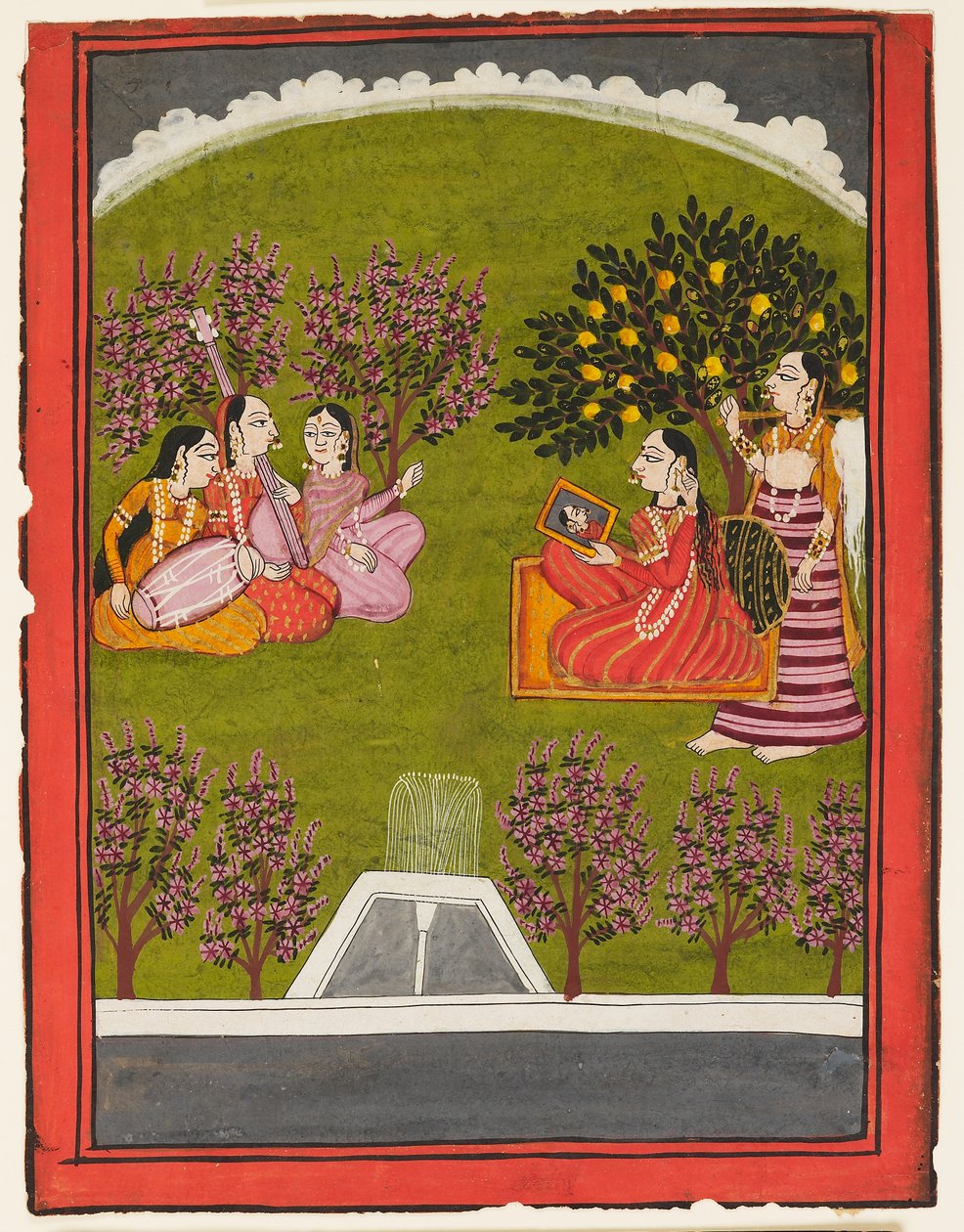 En dame som sitter med et speil i en hage, med en hushjelp og tre musikere, ca. 1909 (gouache på papir) av Indian School