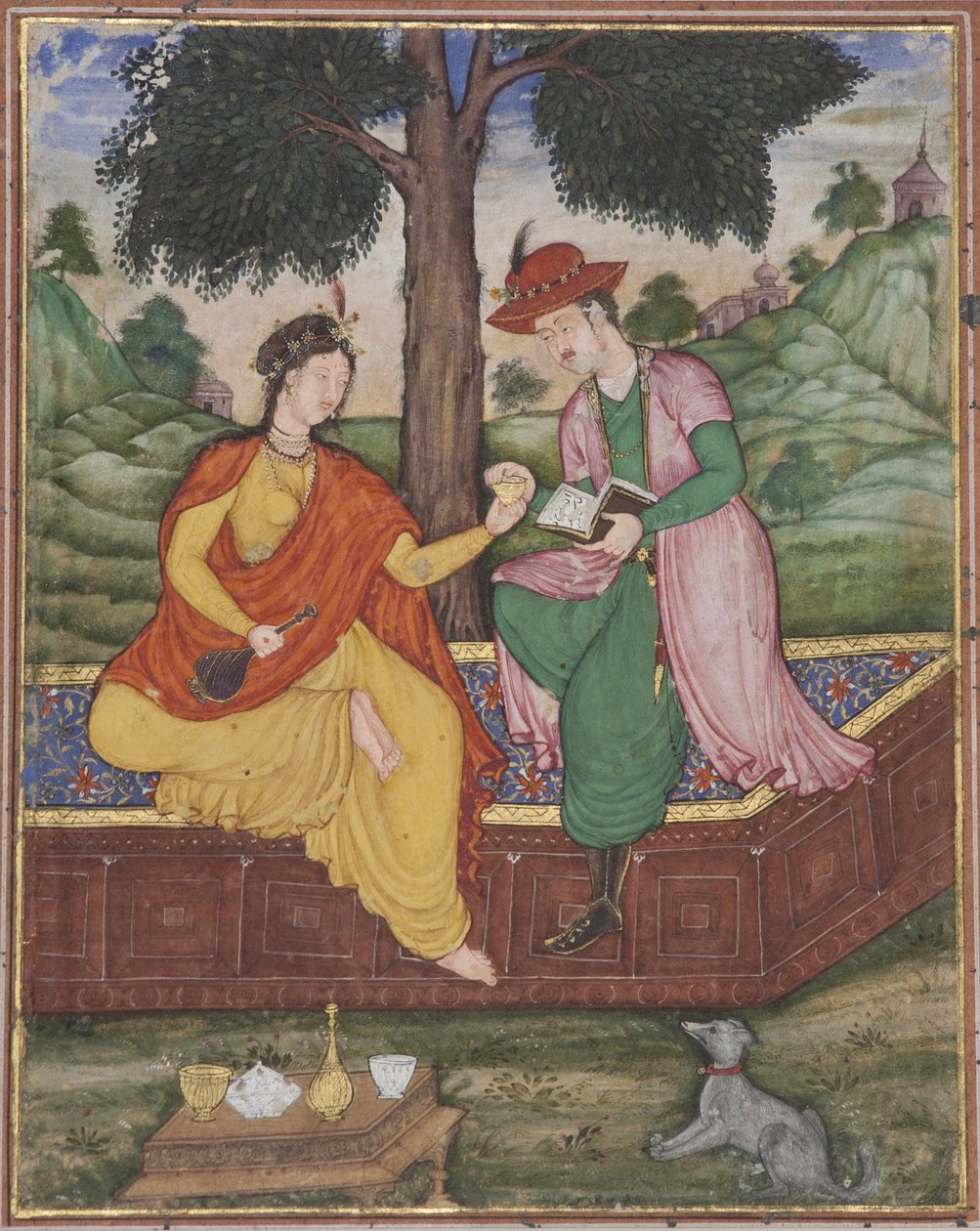 En mann og kvinne sitter under et tre, ca. 1590 (ugjennomsiktig wc på papir) av Indian School