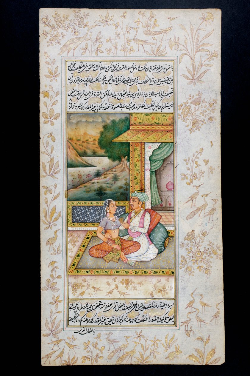 En mann frier til en kvinne i en boudoir-scene, Rajasthani-miniatyrmaleri av Indian School