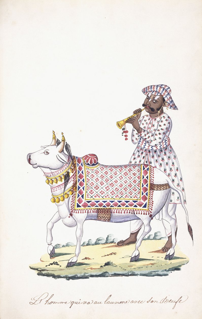 En mann med oksen sin, ca. 1825 (blyant, penn, svart blekk, w/c, på Whatman-papir) av Indian School