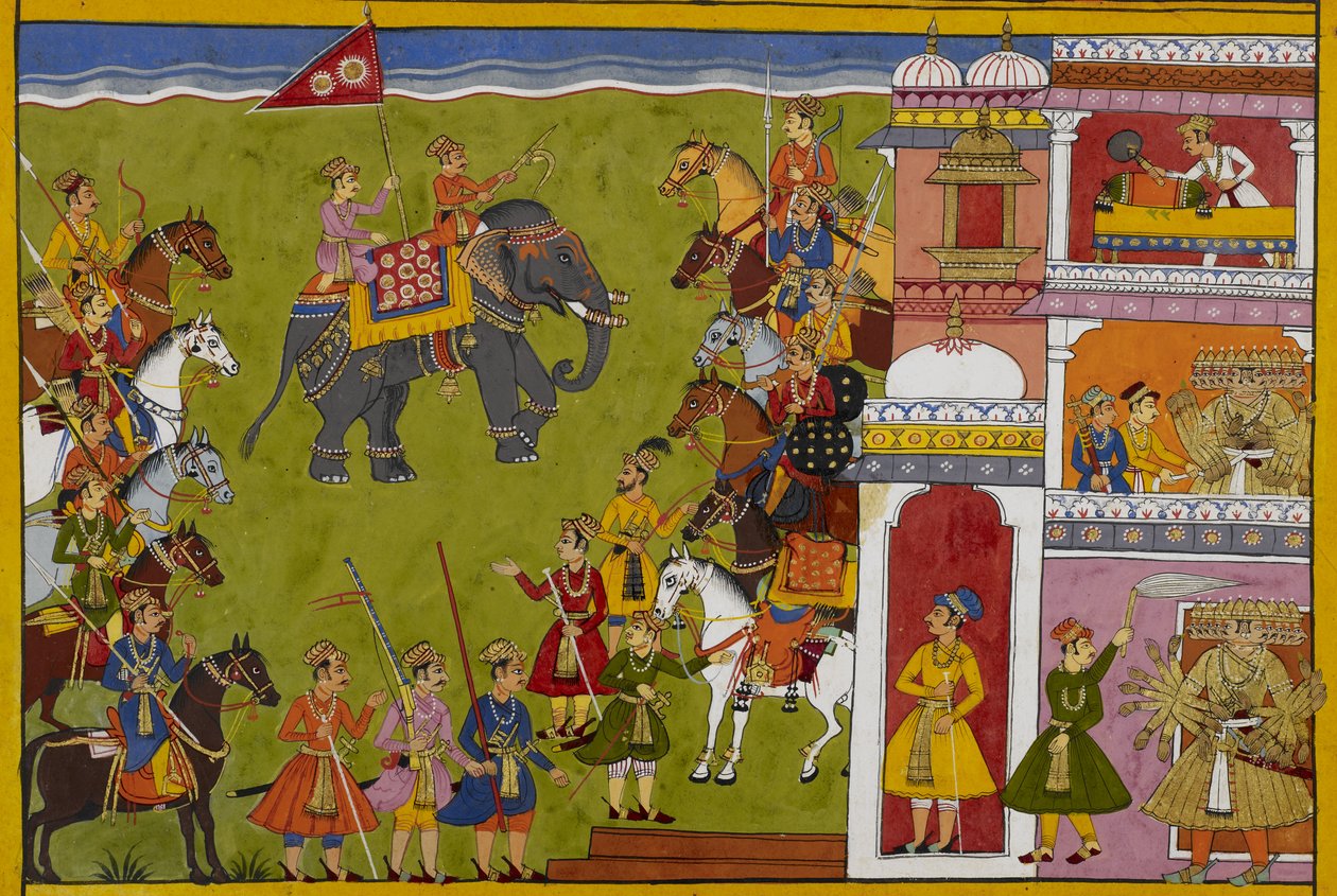 En budbringer advarer Rāvaṇa om gudenes planer; rasende sverger han å erobre de tre verdenene av Indian School