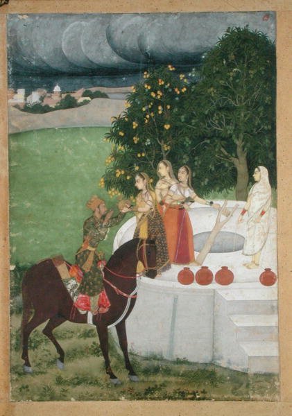 En montert prins som mottar vann fra damer ved en brønn, miniatyr fra Murshidabad, ca. 1760 (gouache på papir) av Indian School