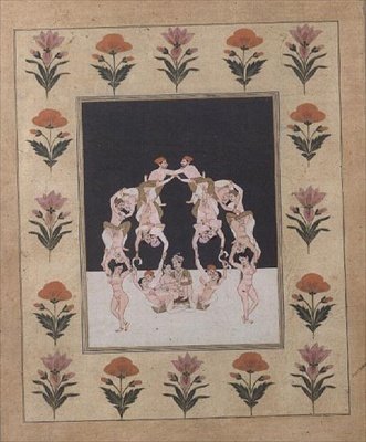 Et par elskere som sitter på en huske sammensatt av andre sammenflettede elskere, ca. 1830 (gouache på papir) av Indian School