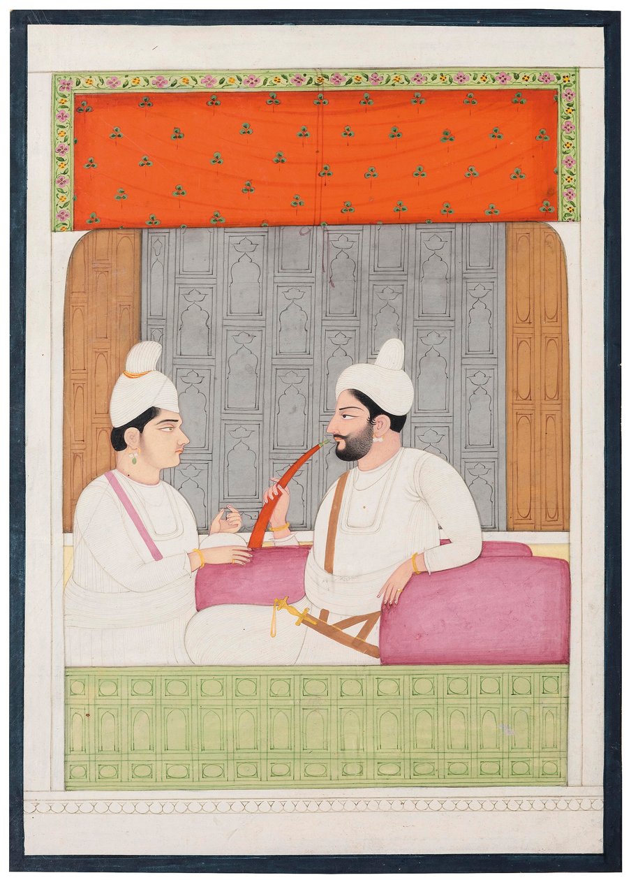 Et portrett av Raja Sansar Chand av Kangra og sønnen Aniruda Chand, Kangra, Punjab Hills, Nord-India av Indian School