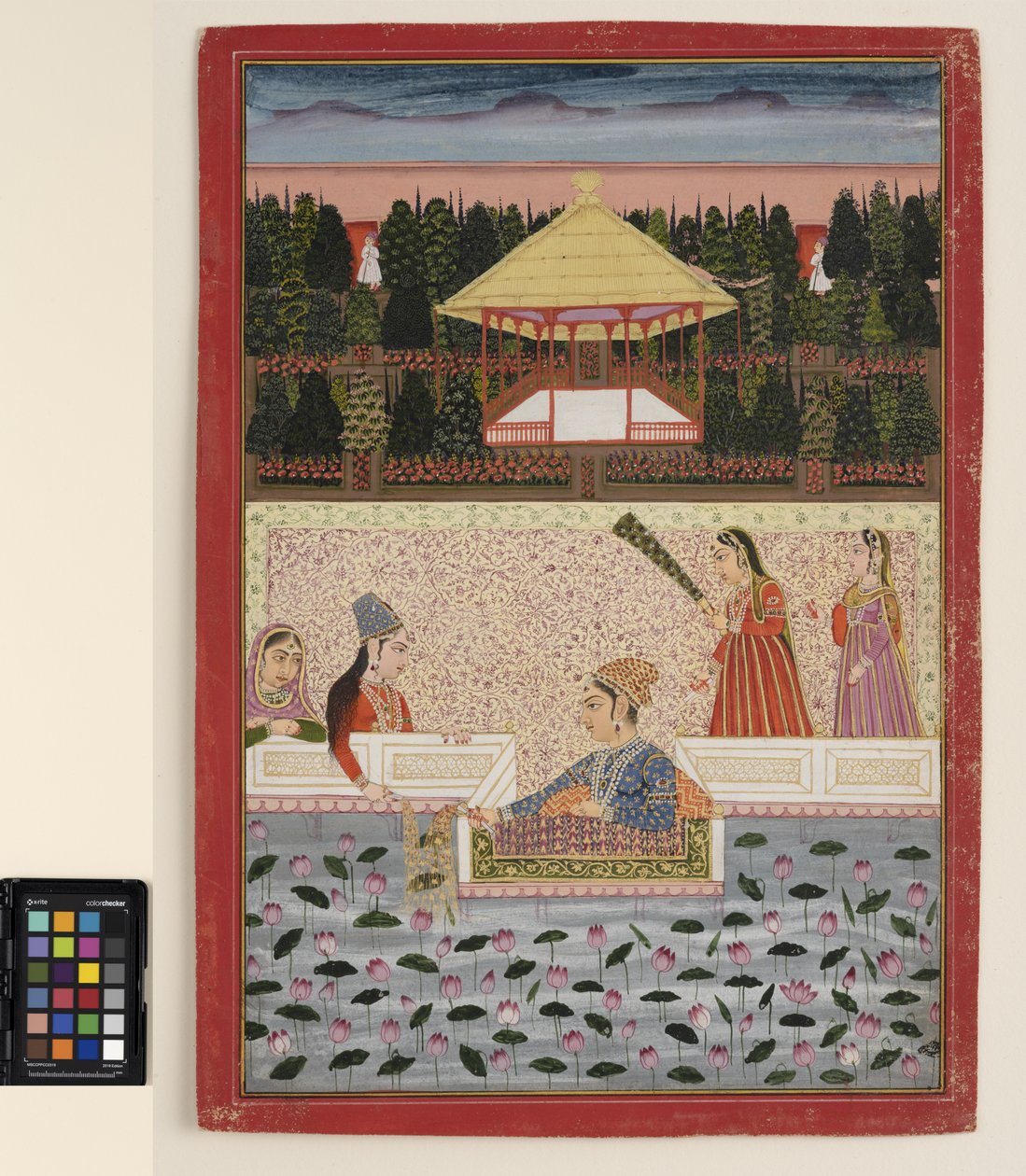 En prins og en prinsesse leker med stjernekastere ved et lotusbasseng, ca. 1760 (ugjennomsiktig akvarell og gull på papir) av Indian School