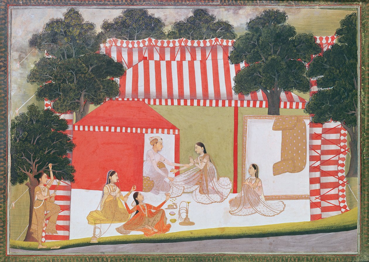 En prins som prøver å trekke en dame inn i teltet sitt; en hushjelp og venner ser overrasket på, ca. 1760 (ugjennomsiktig wc på papir) av Indian School
