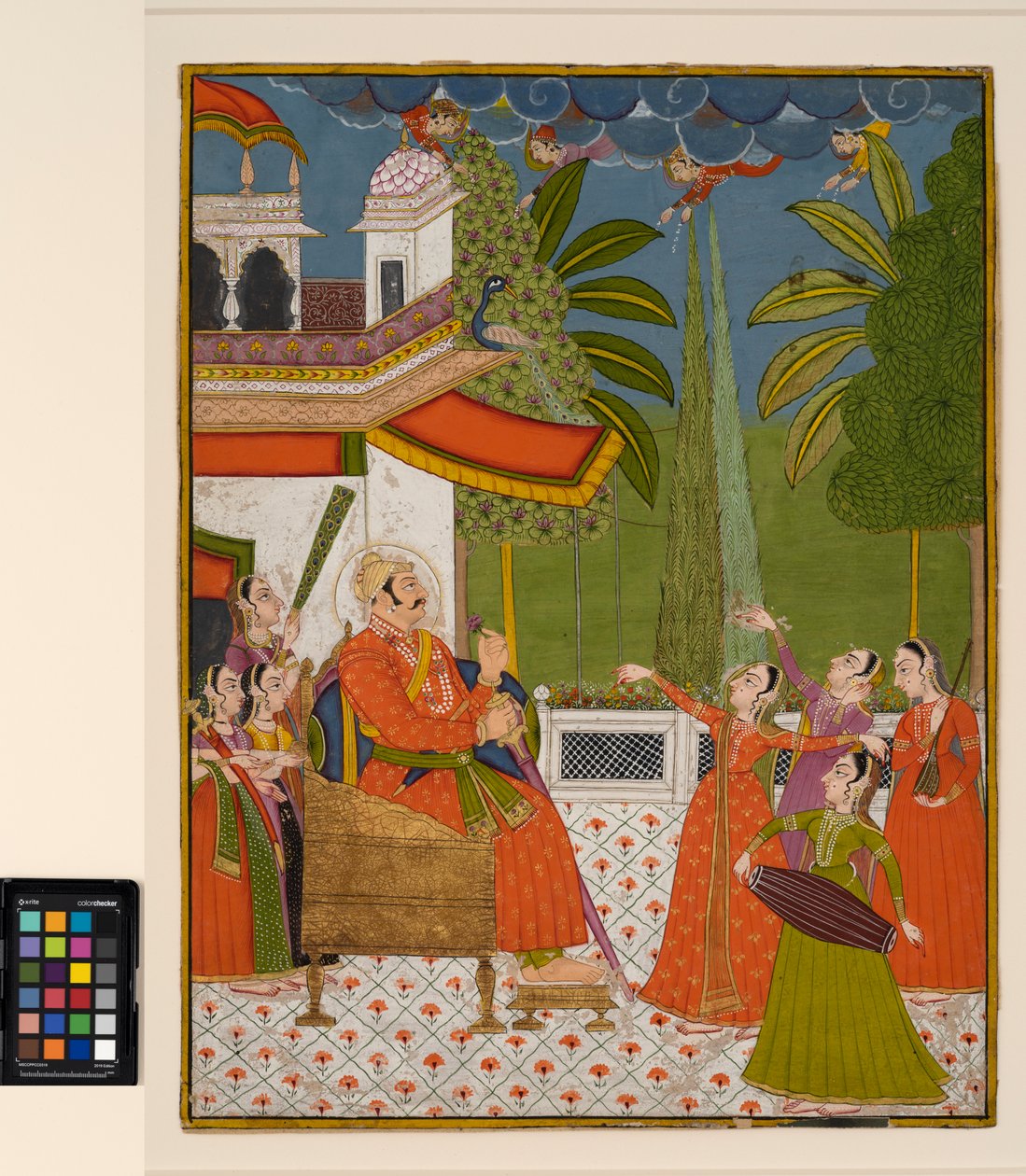 En raja på en trone som blir underholdt av dansere og musikere, ca. 1775 (ugjennomsiktig akvarell på papir) av Indian School
