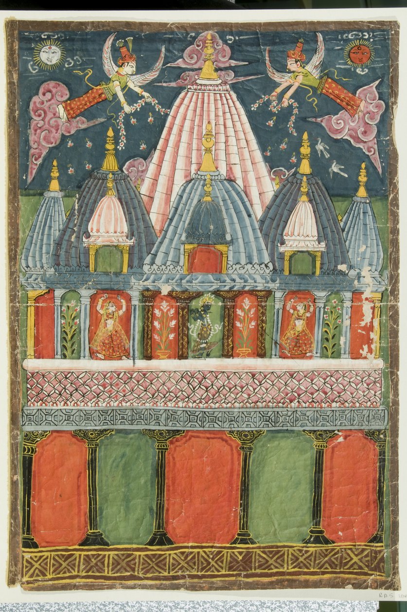 Et tempel som inneholder et bilde av Venu-gopala-krishna med to dansende jenter som opptrer for guddommen, 1823 av Indian School