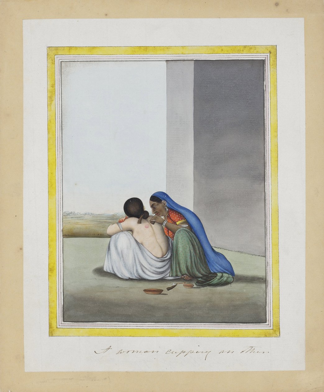 En kvinne som kopper en annen, ca. 1815 (ugjennomsiktig wc på papir) av Indian School