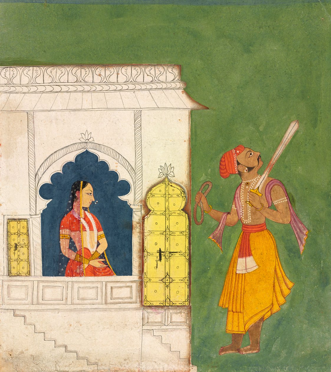 En kvinne som stirrer på en kriger, ca. 1680 av Indian School