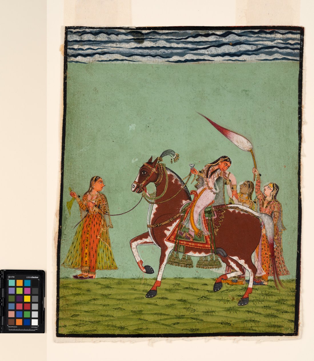 En kvinne på hesteryggen med tre ledsagere, ca. 1735 (ugjennomsiktig akvarell på papir) av Indian School
