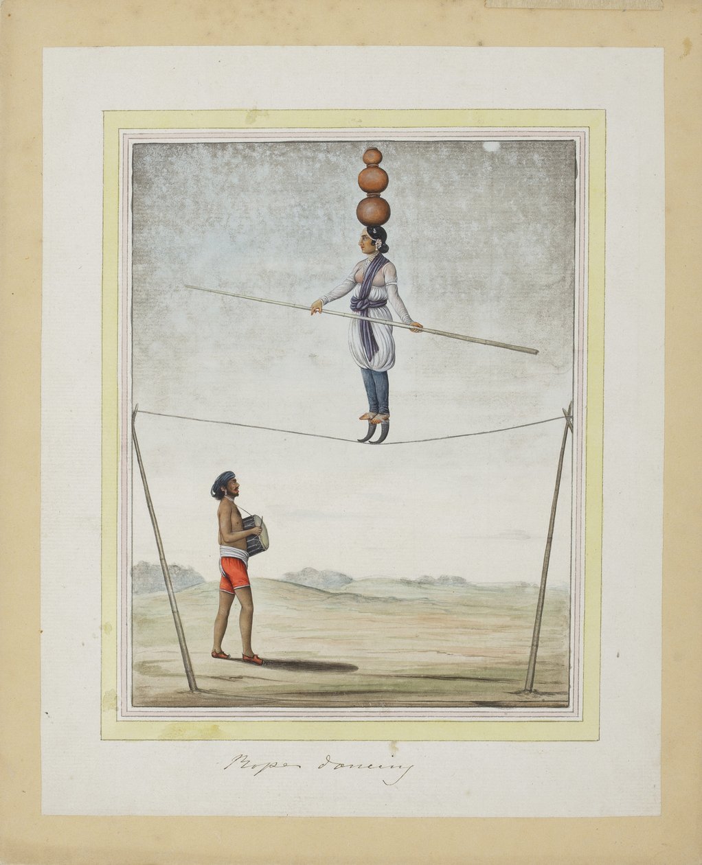Akrobat på tightrope, trommeslager under, ca. 1820 (ugjennomsiktig wc på papir) av Indian School