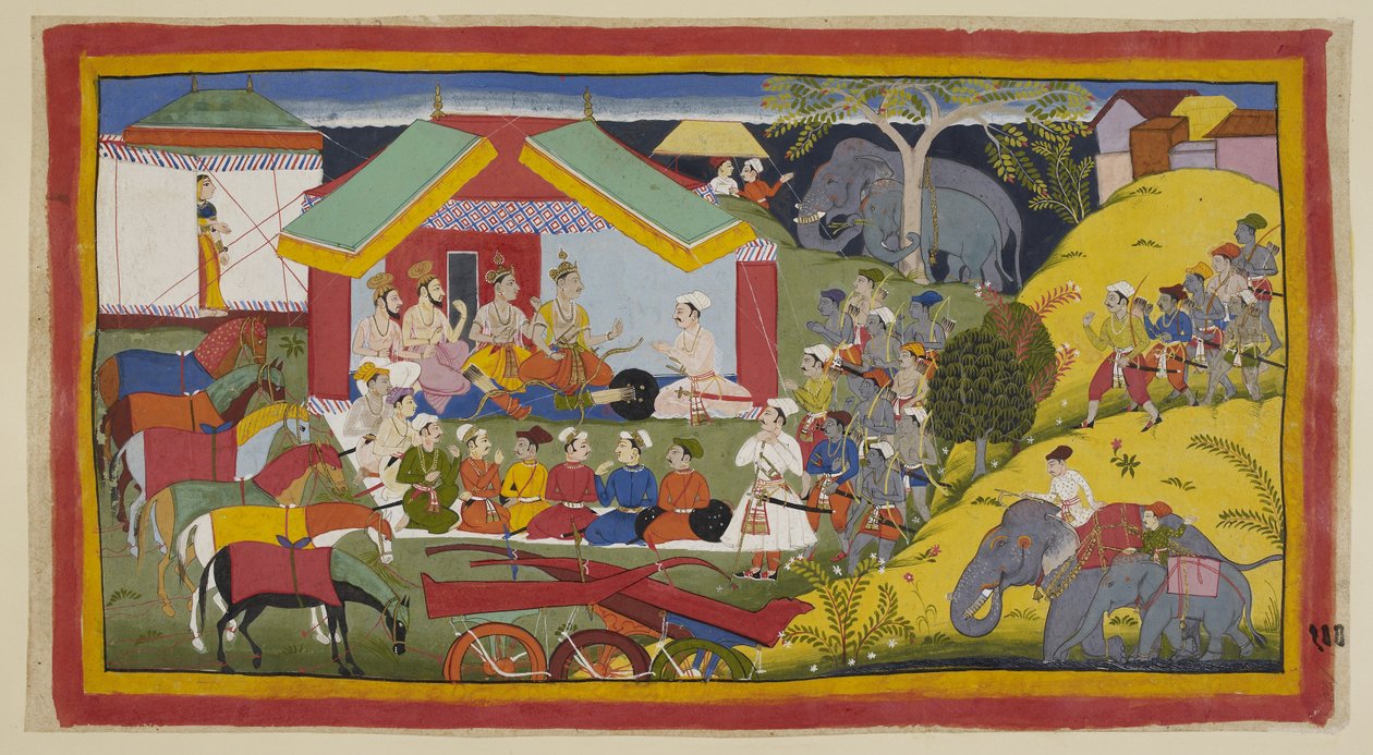 Legg til 15296 (1) f.100r, Bharata og hans tilhengere har nådd hovedstaden i Nishada Kingdom. I deres leir på bredden av Ganga sitter Bharata, broren hans og prestene i durbar foran teltet deres. Nishadaking Guha følger med av Indian School