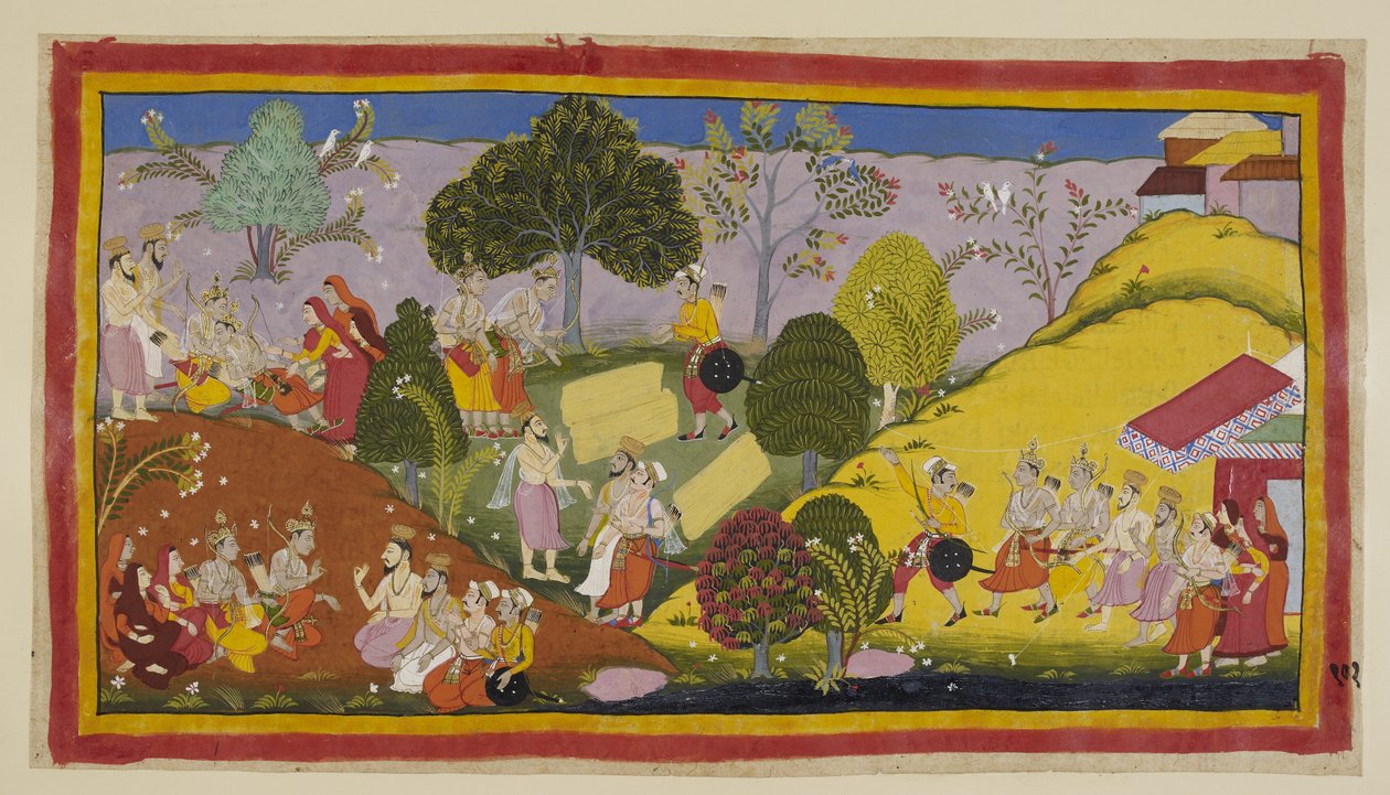 Legg til 15296 (1) f.101r, Til venstre besvimer Bharata, i sin ekstreme nød, etter å ha hørt Guha'Sitale om møtet hans med Rama, og blir gjenopplivet av broren og dronningene. Kausalya forteller ham at de alle er helt avhengige av ham. Guha leder dem a av Indian School