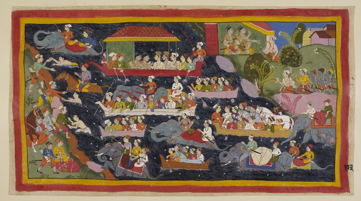 Legg til 15296 (1) f.103r, De to prinsene har nå bestemt seg for å bære asketers klær som sine eksilbrødre. Fortsatt i leiren deres til høyre ber Bharata Guha hente nok båter til å frakte dem alle til motsatt bredden av Ganga, ca. 1653 av Indian School