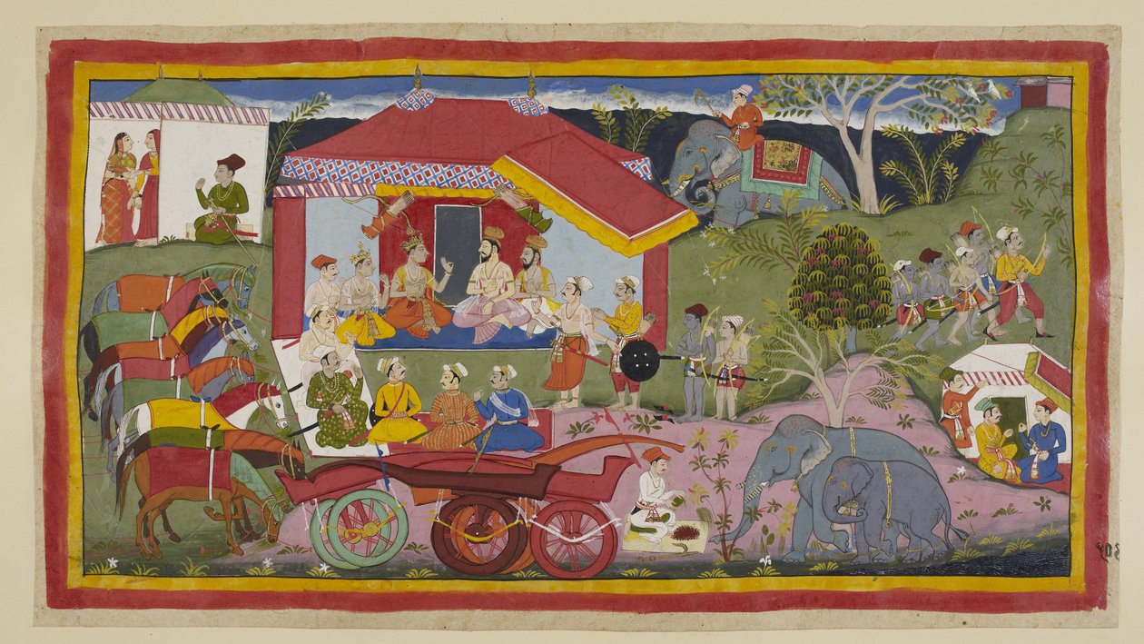 Legg til 15296 (1) f.104r, I en leirscene blir Guha the Nishadaking introdusert i møtet mellom prinsene, brahminene og ministrene. Hestene, uten åk fra vognene, står i en rekke tjoret og hinket, mens en mahout forbereder pulver til de av Indian School