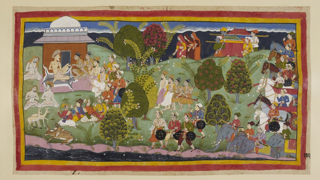 Legg til 15296 (1) f.105r, De to prinsene, brahminene og ministrene nærmer seg eremitasjen Bharadva ja til fots, med de tre dronningene på avstand over horisonten etterfulgt av kullene deres. Hæren med sine elefanter og vogner venter bak. På l av Indian School
