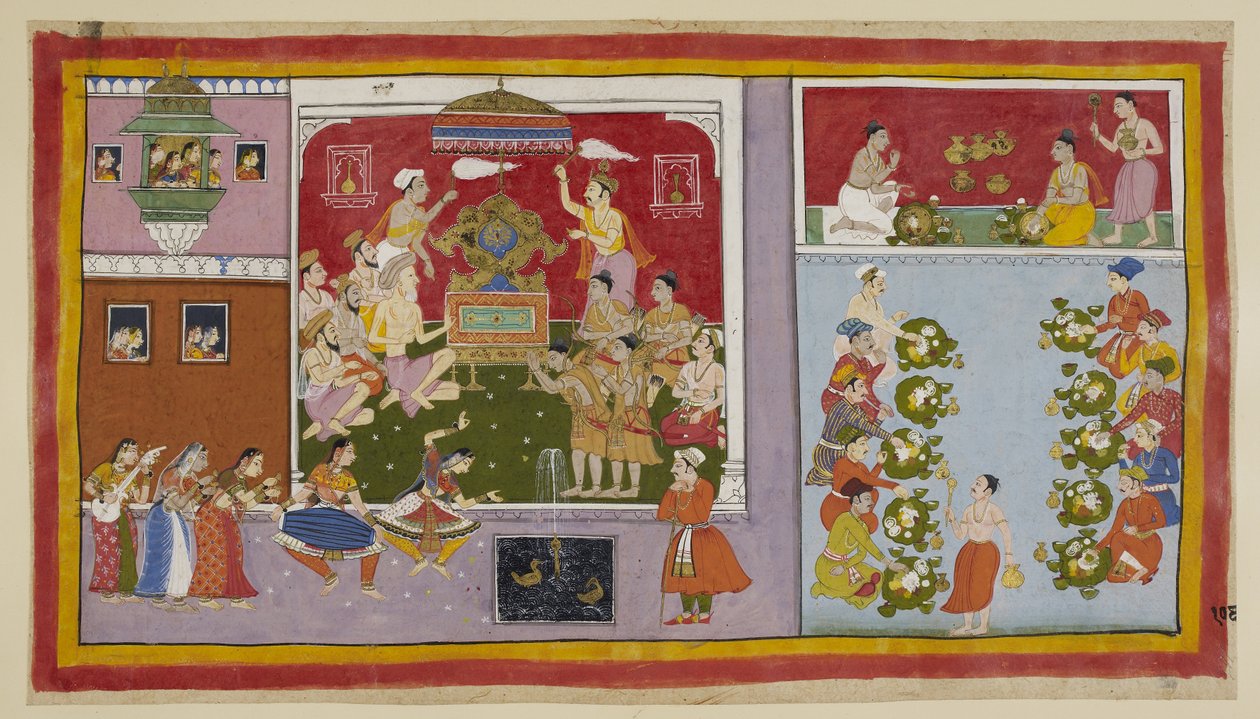 Legg til 15296 (1) f.106r, Gjennom sine magiske krefter har Bharadvaja tryllet frem et palass i en fornøyelsesplass for underholdning og forfriskning for sine gjester. Bharadvaja og de andre asketene og brahminene sitter i tronsalen, mens de to prinsene gr av Indian School