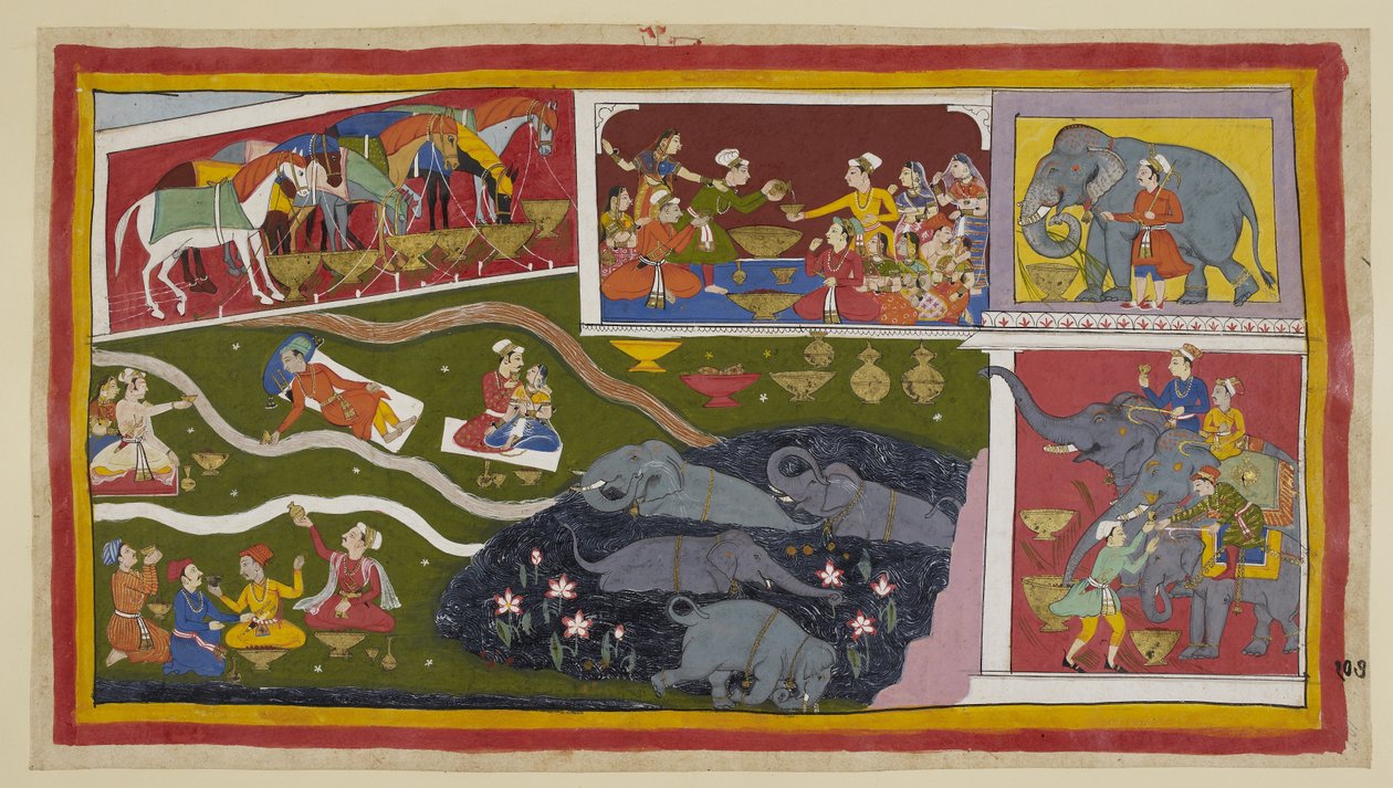 Legg til 15296 (1) f.107r, Hestene, elefantene og soldatene nyter også Bharadvajas gjestfrihet. Hestene, hinket og tjoret, spiser av store gullfat; likeså elefantene, presentert her med sukkerrør. Elefantene bader i en lotussjø int av Indian School