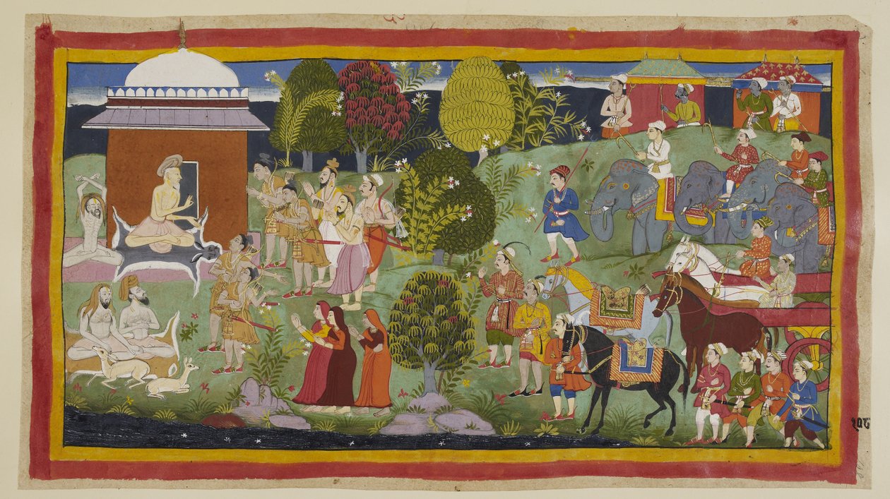 Legg til 15296 (1) f.108r, Bharadvaja, som sitter utenfor hytta hans sammen med andre asketer og rådyr, spør prinsene om de har hatt glede av hans gjestfrihet. Han forteller dem og deres følgesvenner at Rama bor i Citrakuta. På hans anmodning ble prinsene  av Indian School