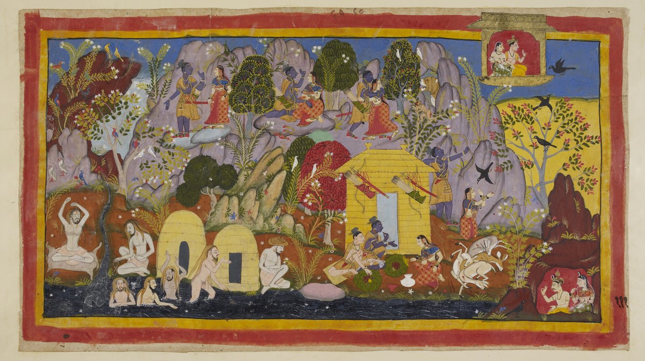 Legg til 15296 (1) f.111r, I mellomtiden er alt fredelig med de eksilene i deres bolig på Citrakuta-fjellet. Rama påpeker dens skjønnhet Sita - de mange variantene av vakre trær og fugler, steinene farget av edelstener og mineraler, og Mandakina-elven w av Indian School