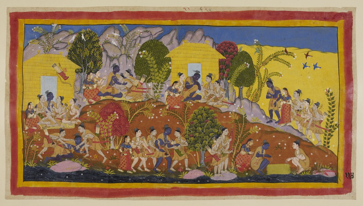 Legg til 15296 (1) f.114r, Øverst i midten kaster Bharata og Shatrughna seg for føttene til Rama, som omfavner sine yngre brødre og lukter på hodet til Sitaeir. Rama tar dem på fanget mens han spør etter deres og farens velferd, og h av Indian School